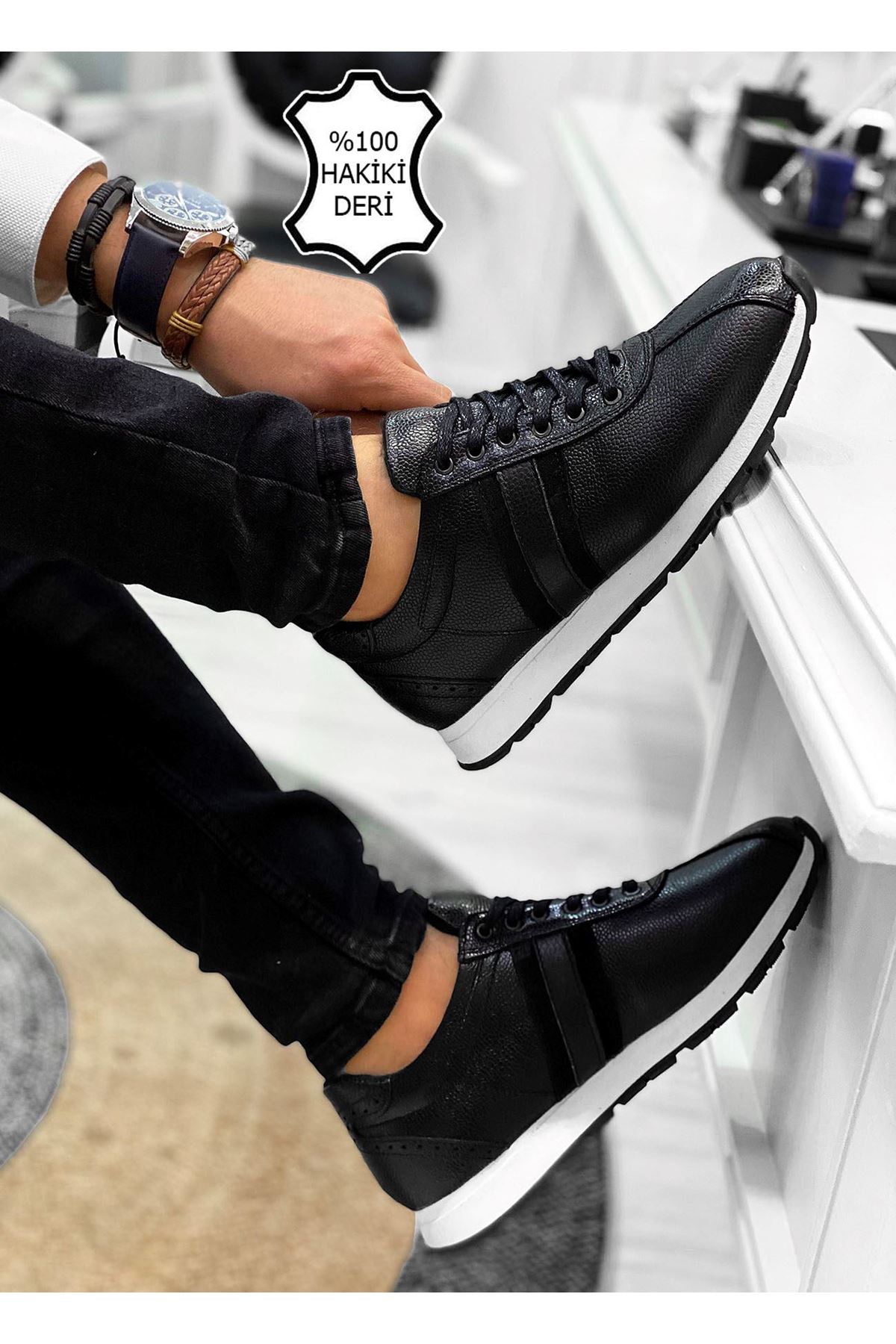 Boy Uzatan Hakiki Deri Gizli Topuklu Siyah Beyaz Çizgi Detay Erkek Spor Ayakkabı MYY350