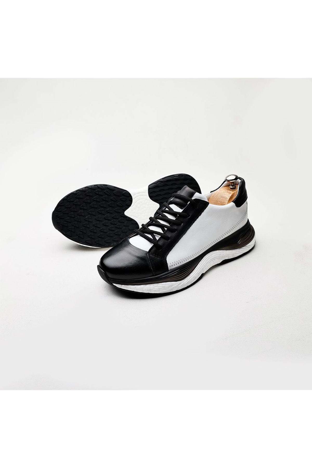 Boy Uzatan Gizli Topuklu Hakiki Deri Beyaz Siyah Matias Spor Ayakkabı MYY2041