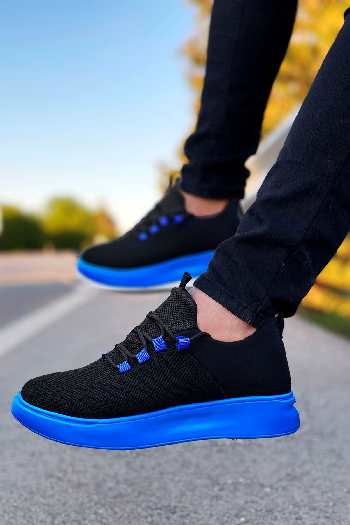 Boy Uzatan Ayakkabı Gizli Topuklu Siyah Mavi Triko Ayakkabı MYY439