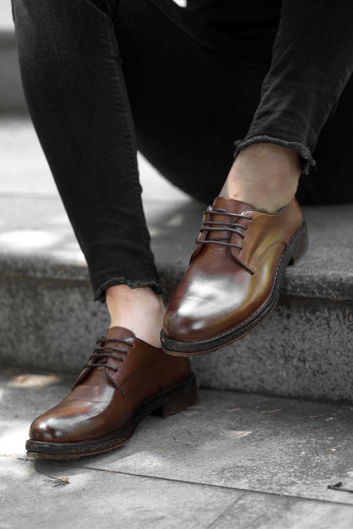 Boy Uzatan Ayakkabı Gizli Topuklu Taba Hakiki Deri Desen Taban Erkek Klasik Ayakkabı MYY538