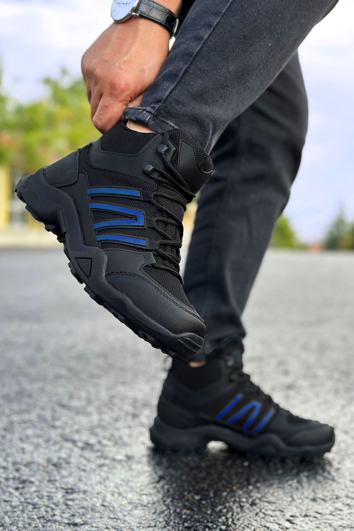 Boy Uzatan Ayakkabı Gizli Topuklu Siyah Mavi Su Geçirmez Outdoor Trekking Erkek Spor Bot MYY547